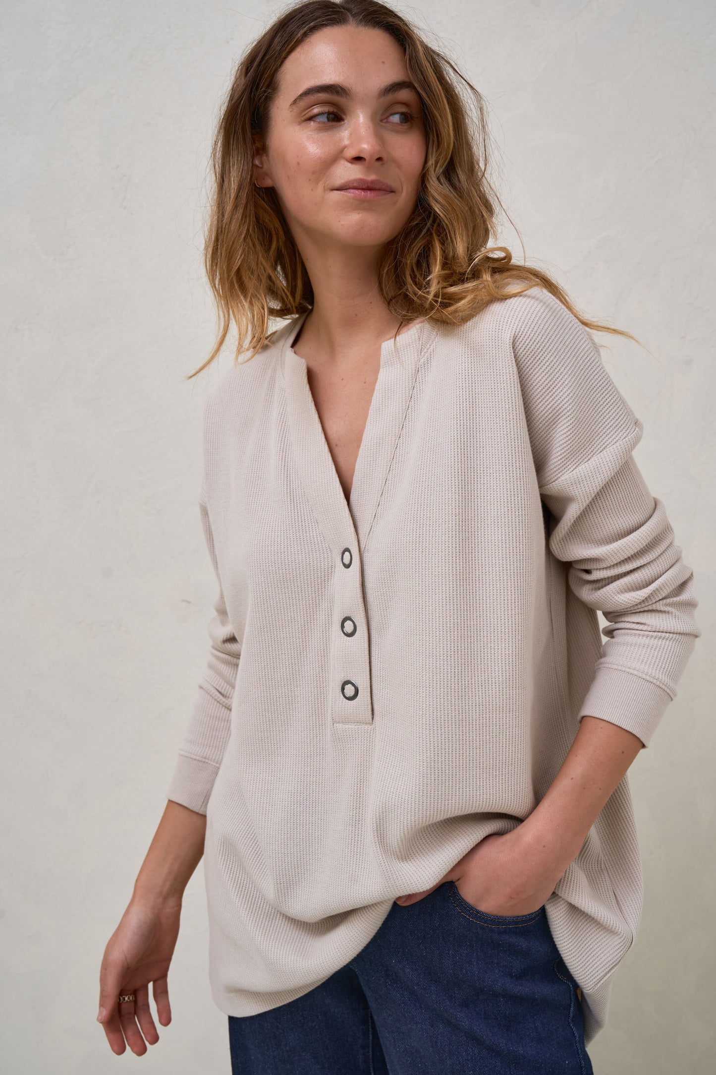 All For Us Waffle Henley - Stone