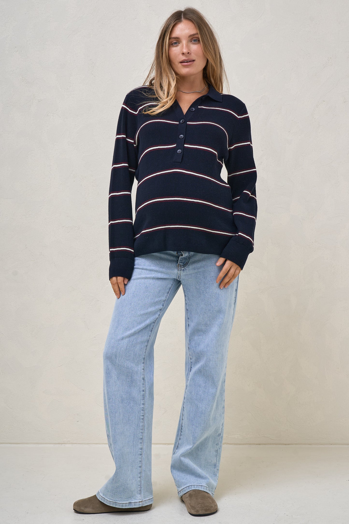 Interval Knit Nursing Polo - Navy Stripe