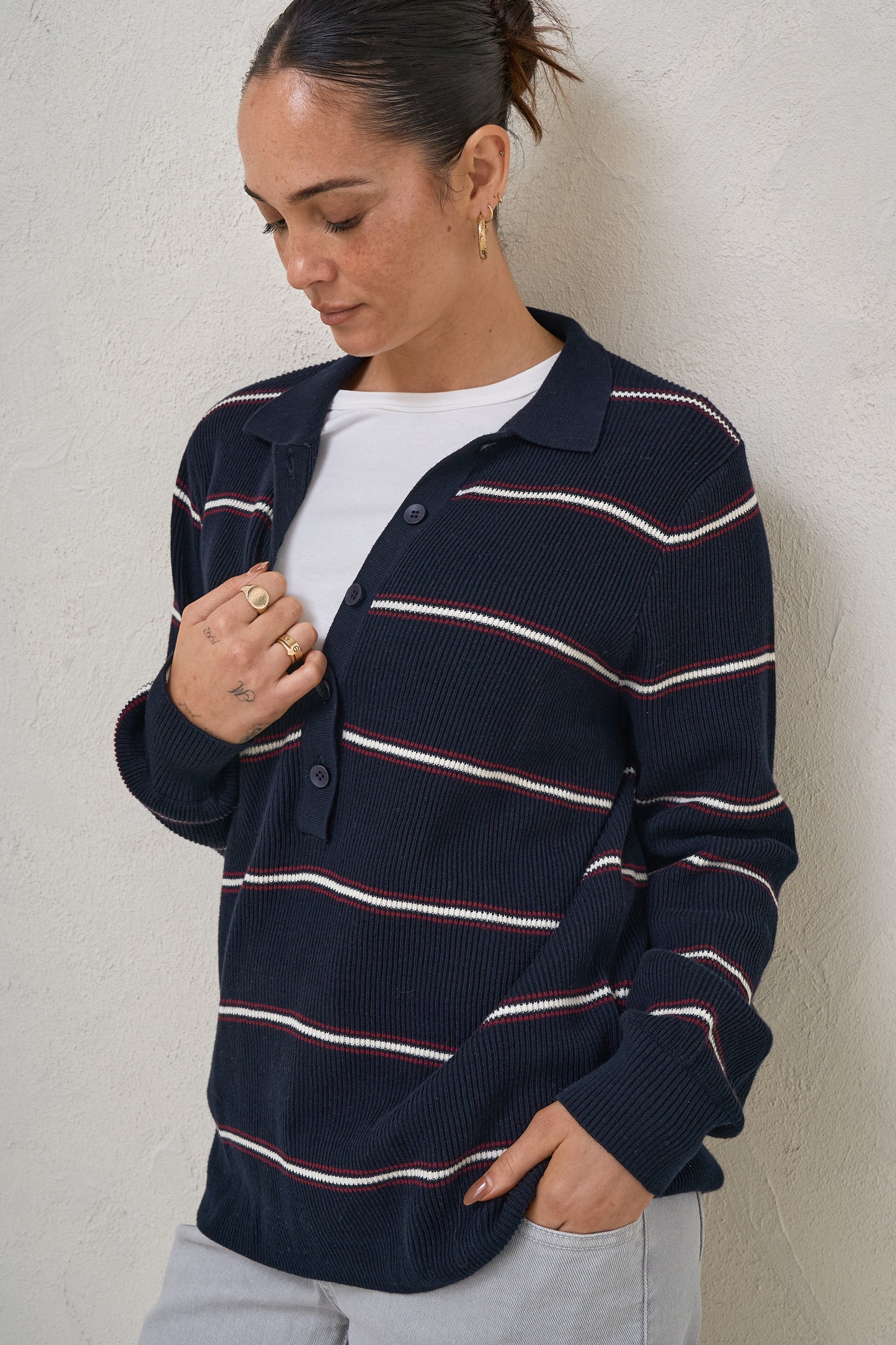 Interval Knit Nursing Polo - Navy Stripe