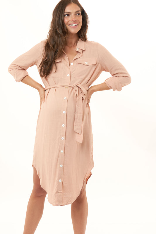 WHS25-207-Take Your Time Shirt Dress- Shell Pink*