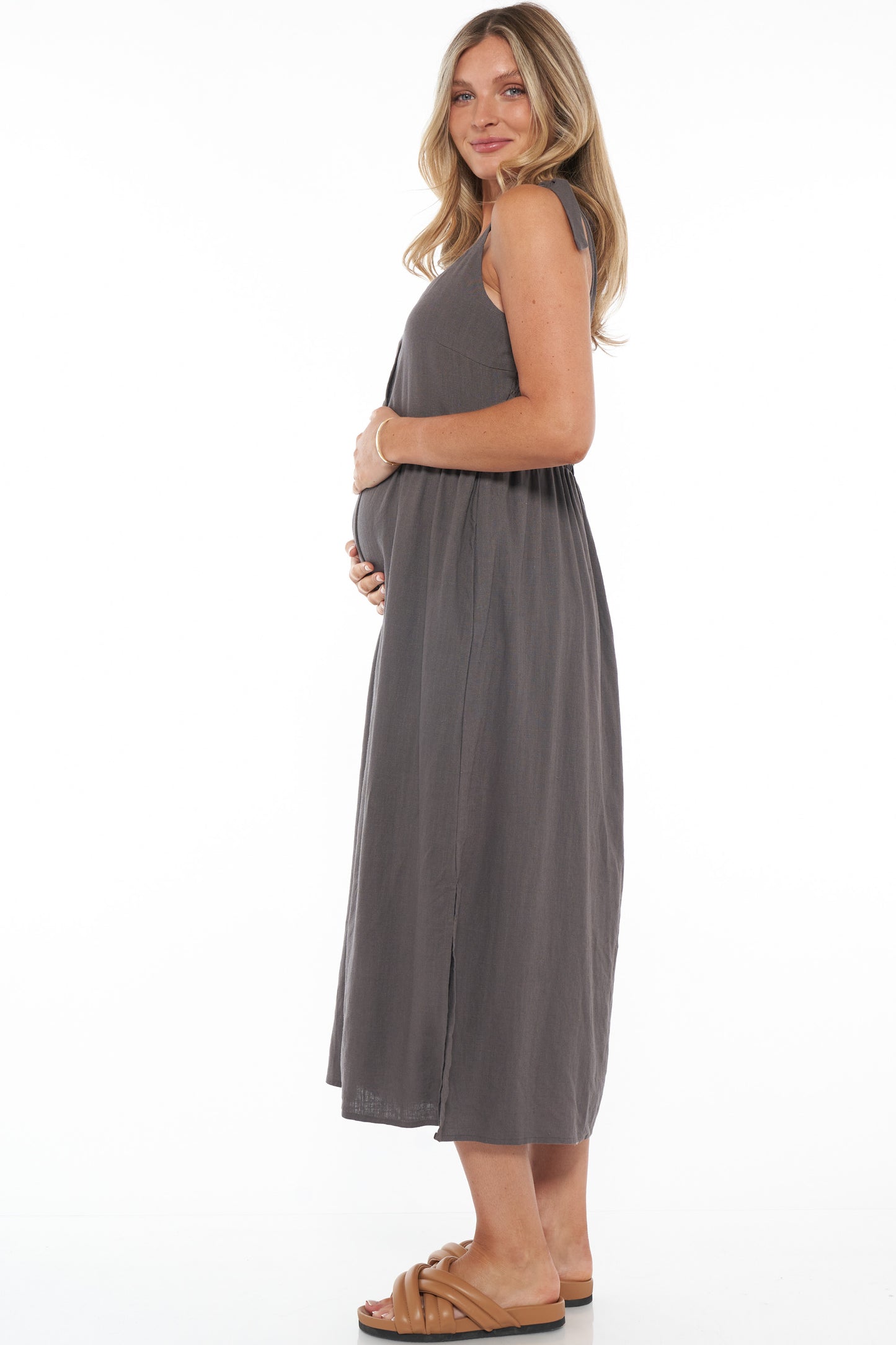 maternity linen maxi dress charcoal image 3