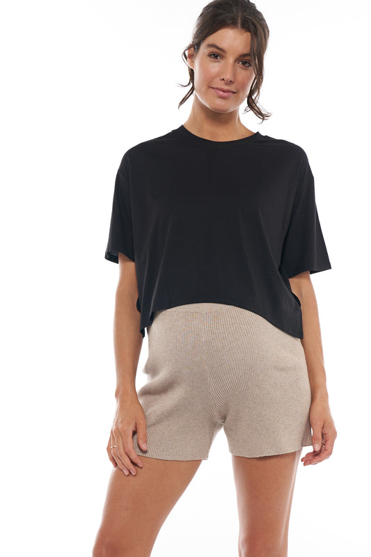 Black Cropped Maternity Tee -`