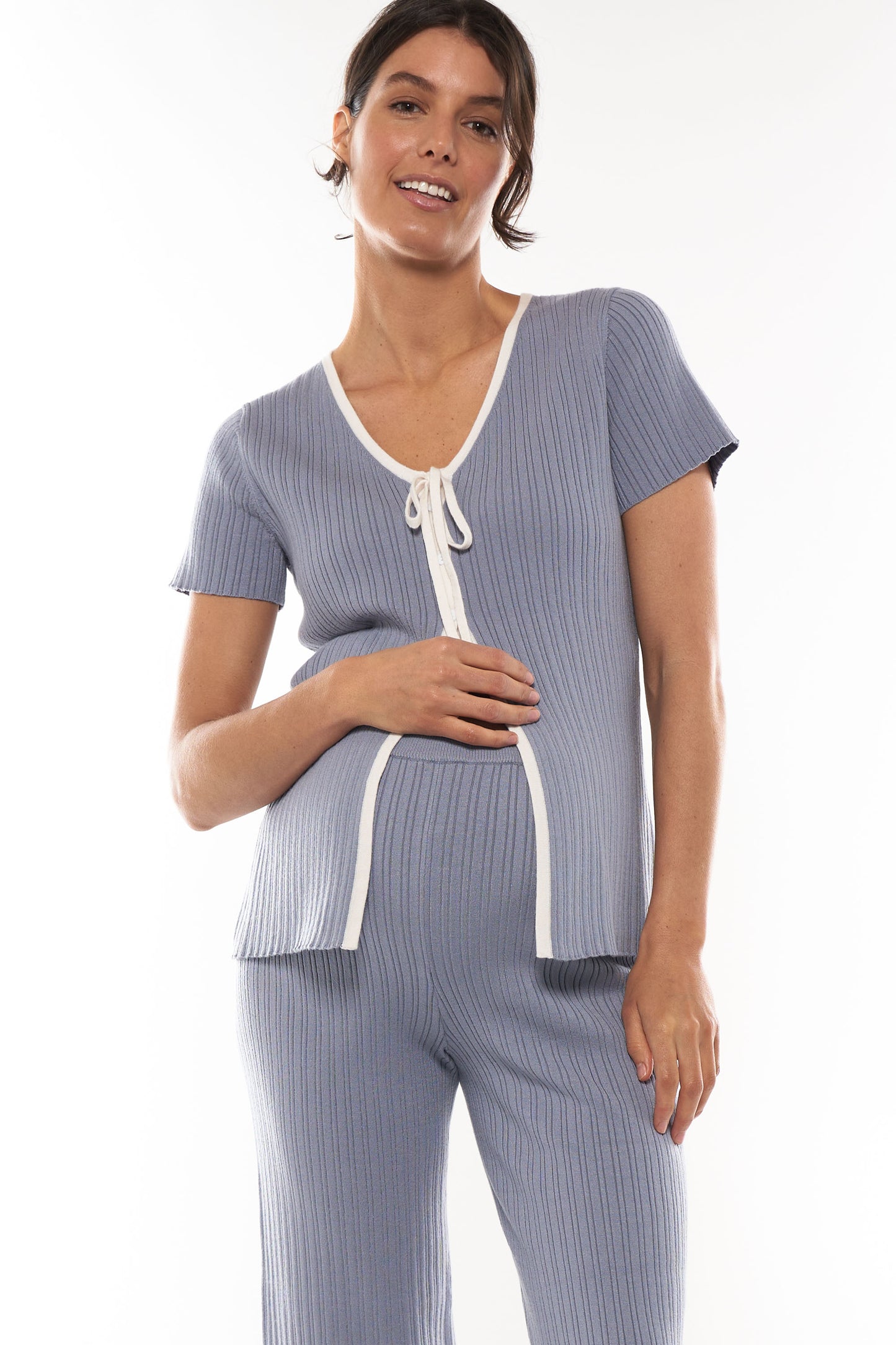 maternity tie front top blue 1