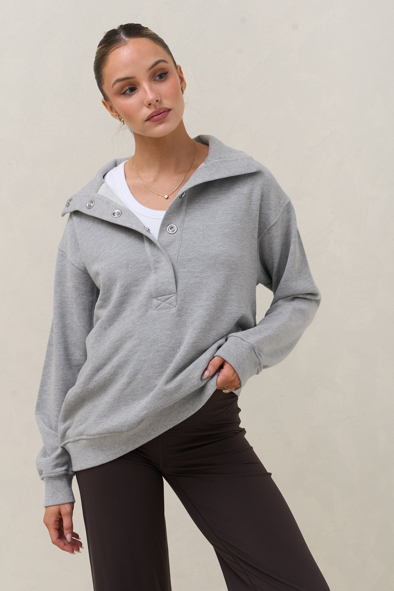 Settle In Snap Front Sweat - Grey Marle