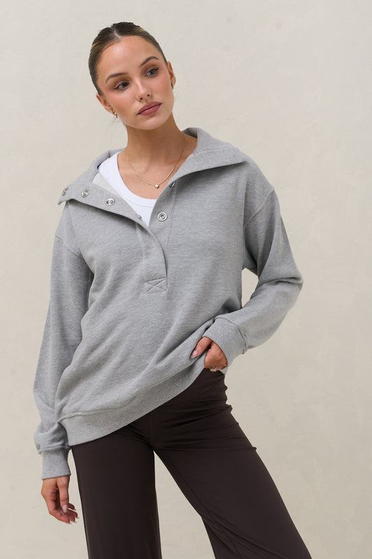 Settle In Snap Front Sweat - Grey Marle