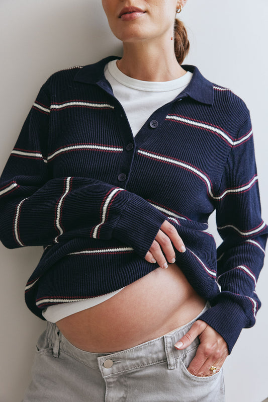 Interval Knit Nursing Polo - Navy Stripe