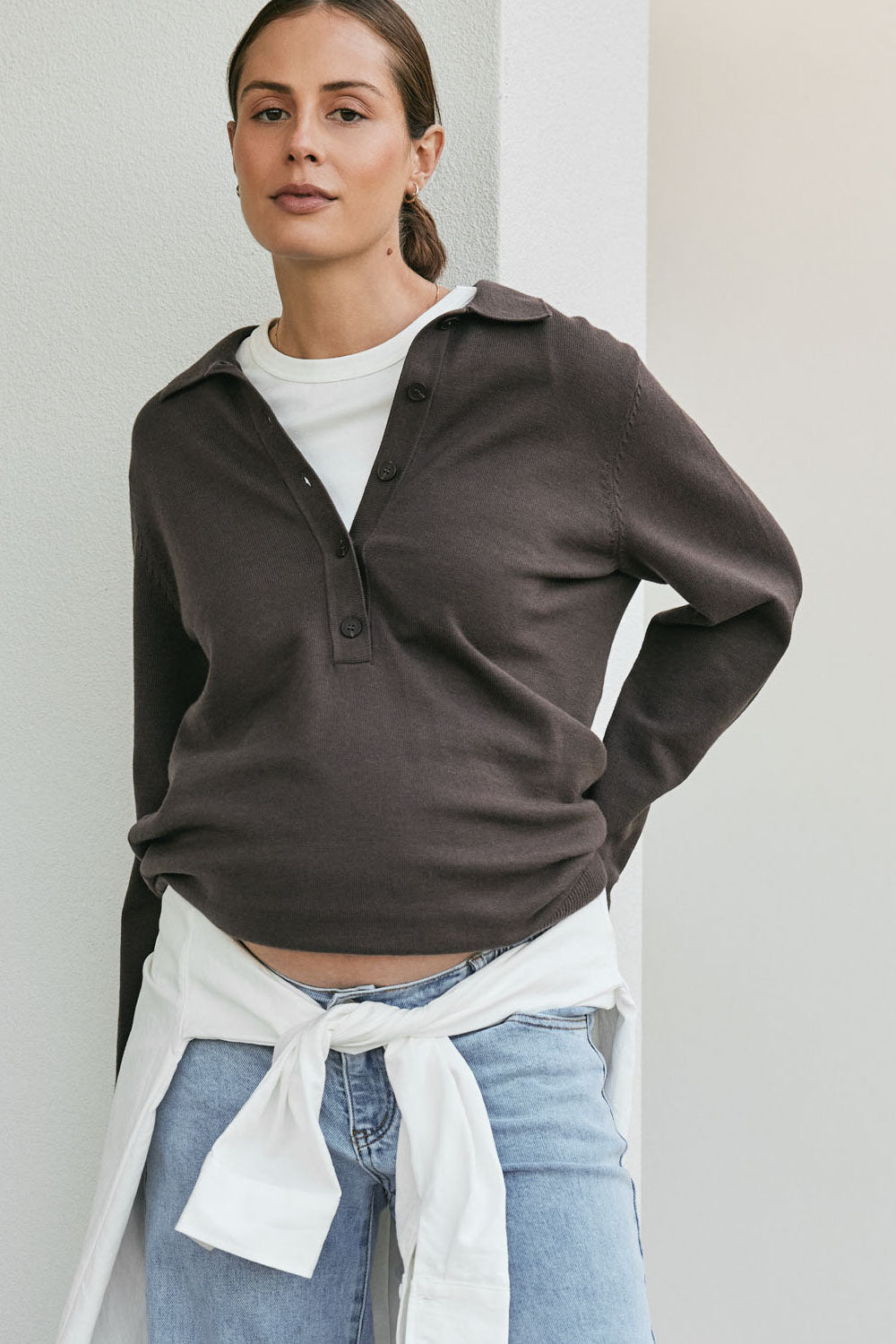 True Story Knit Nursing Polo - Chocolate