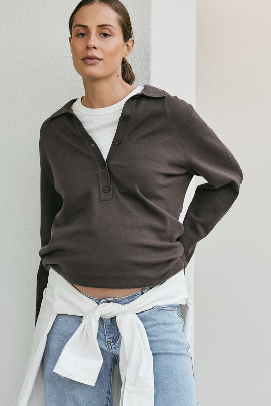 True Story Knit Nursing Polo - Chocolate