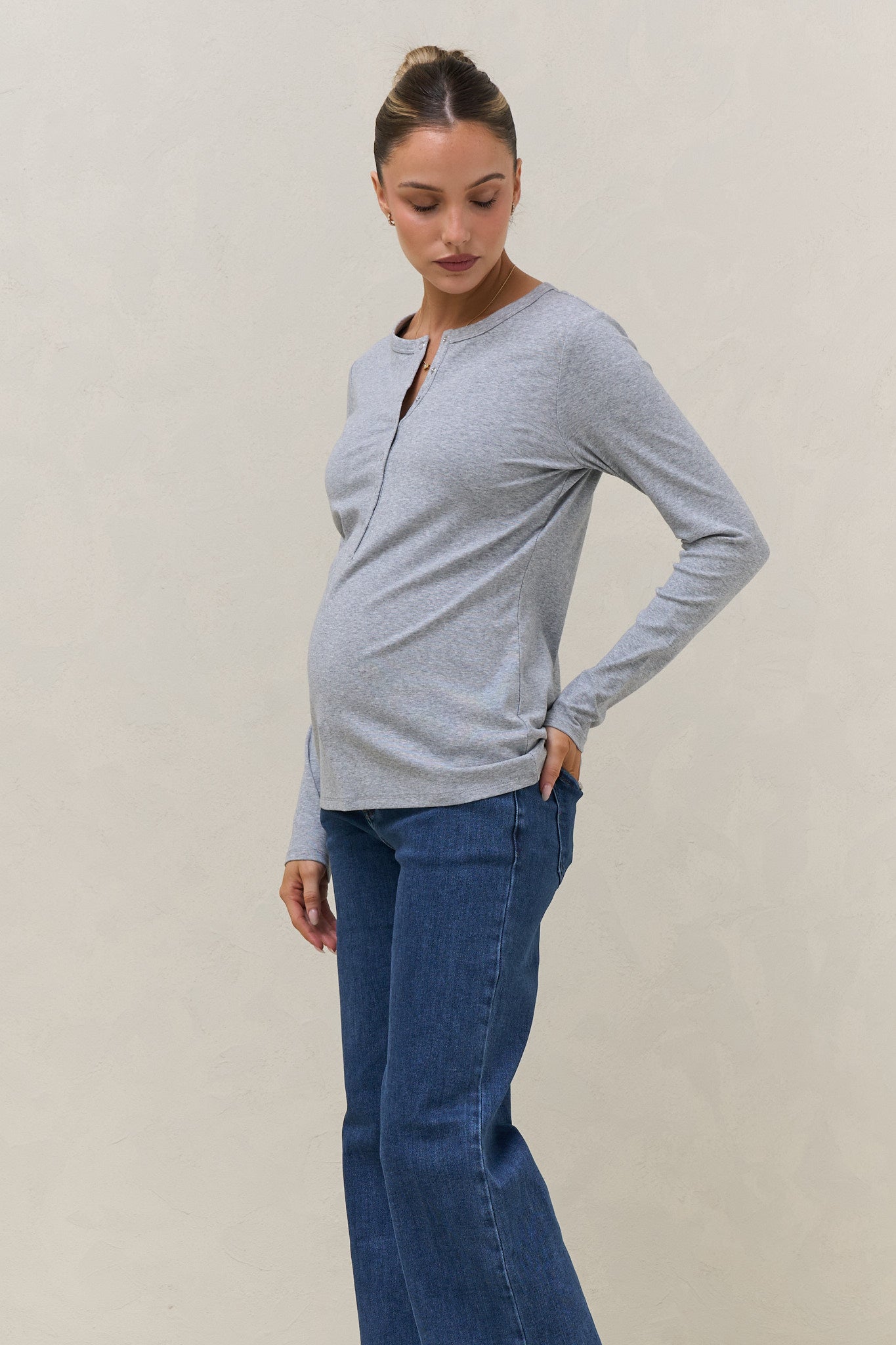 Whispers Long Sleeve Nursing Top - Mid Grey Marle