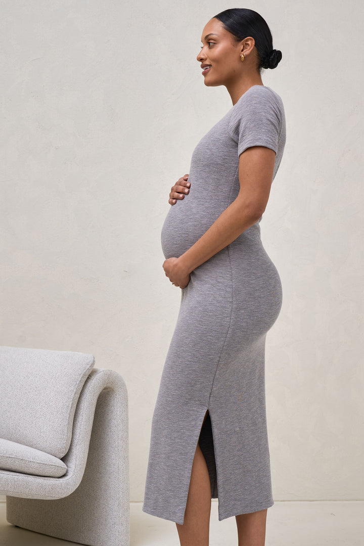 Bump Friendly Casual Dress Women's Maternity Bodycon Dress - Ruched Side,  Short Sleeve, Cotton Spandex For Pregnancy (Gray White Stripe, M) Striped Maternity  Outfit