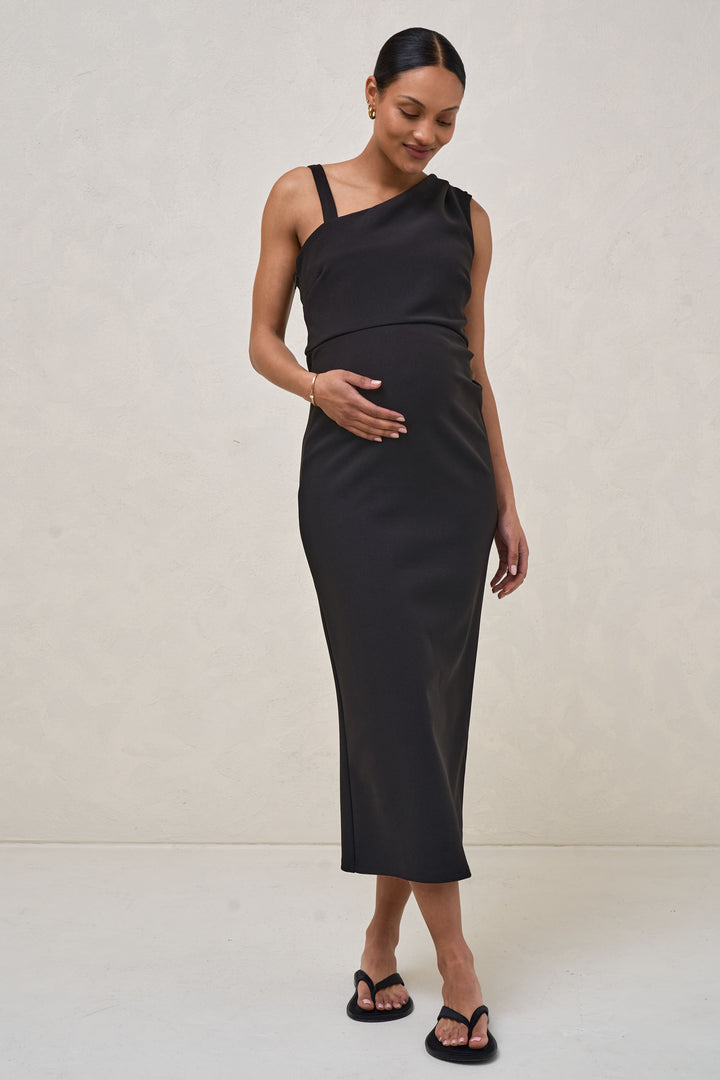 black midi dress maternity Flawless Black Square-Neck Maternity Midi Dress With Cape-Sleeves – Club L  London main image 0