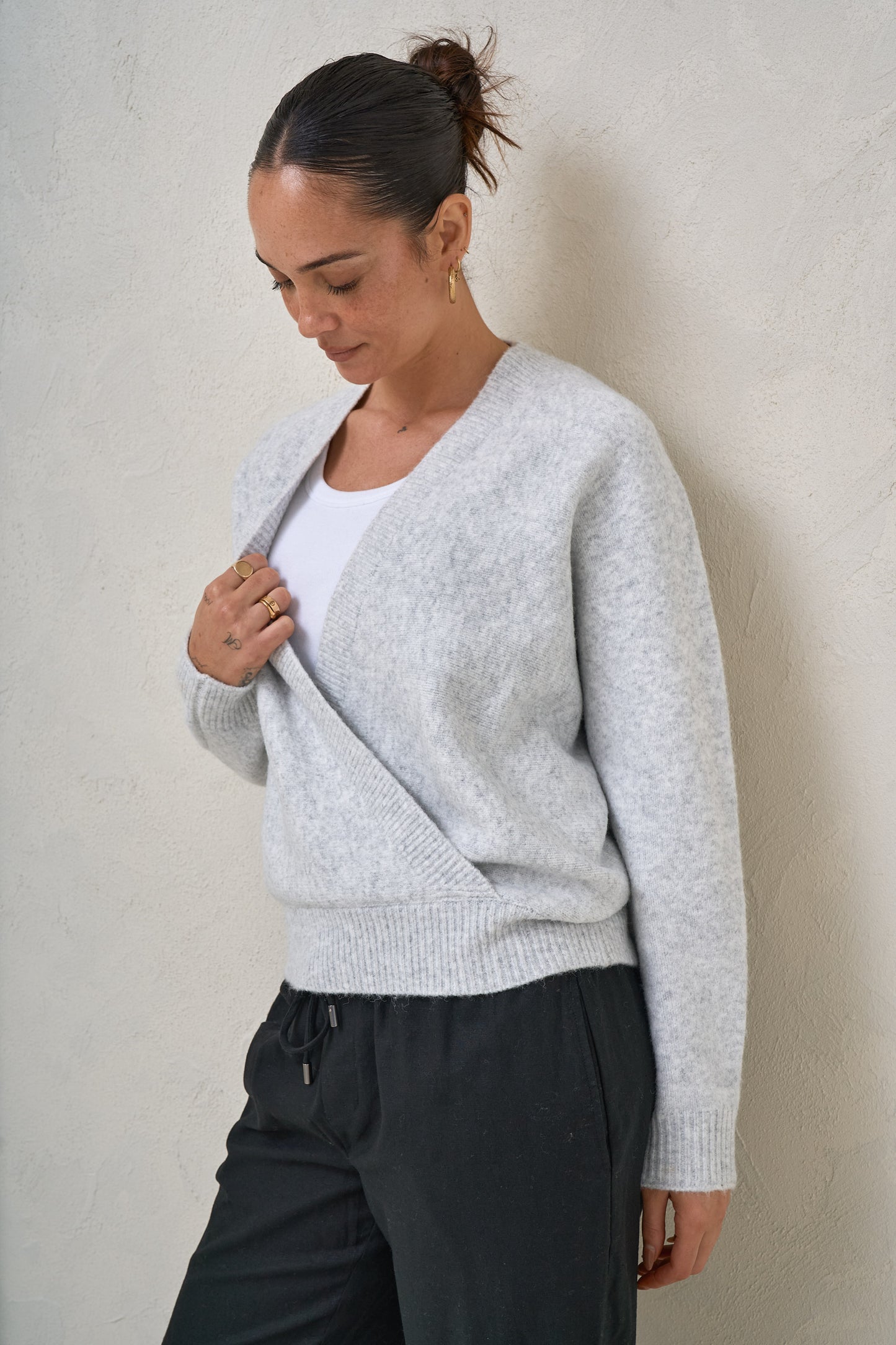 Hey Lover Cross Front Knit - Grey Marle