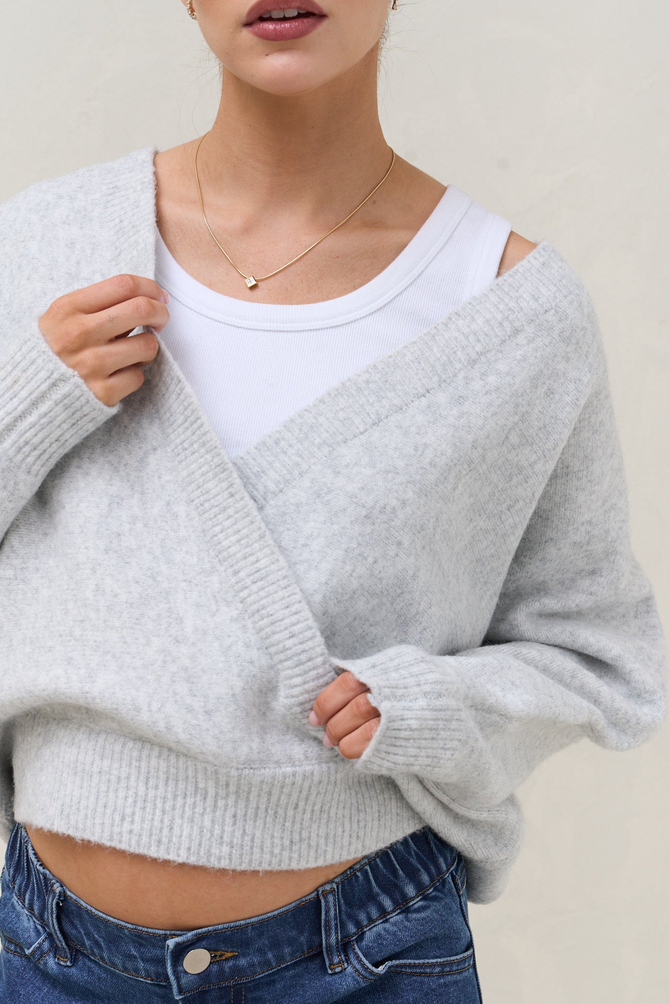 Hey Lover Cross Front Knit - Grey Marle