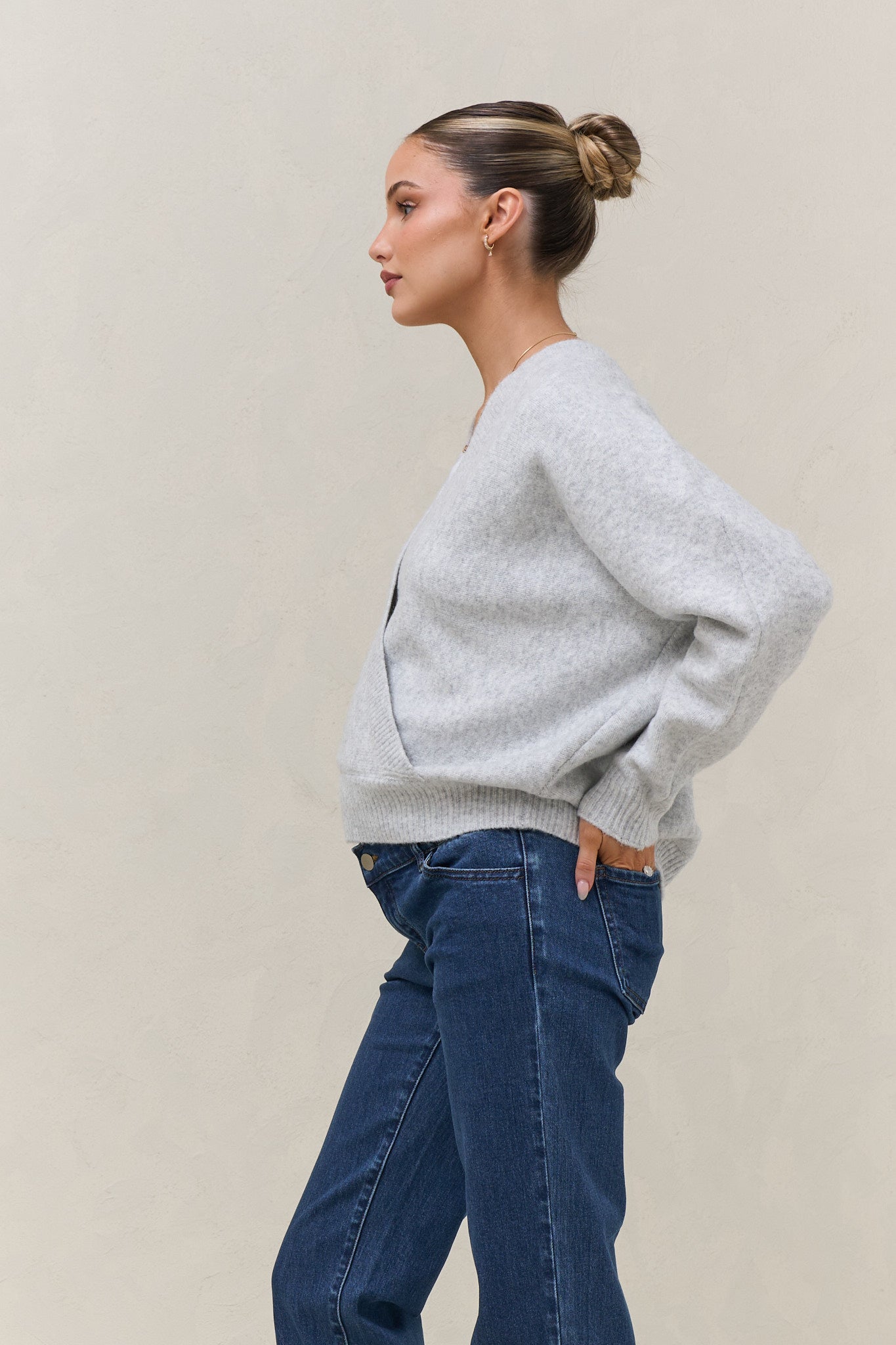 Hey Lover Cross Front Knit - Grey Marle