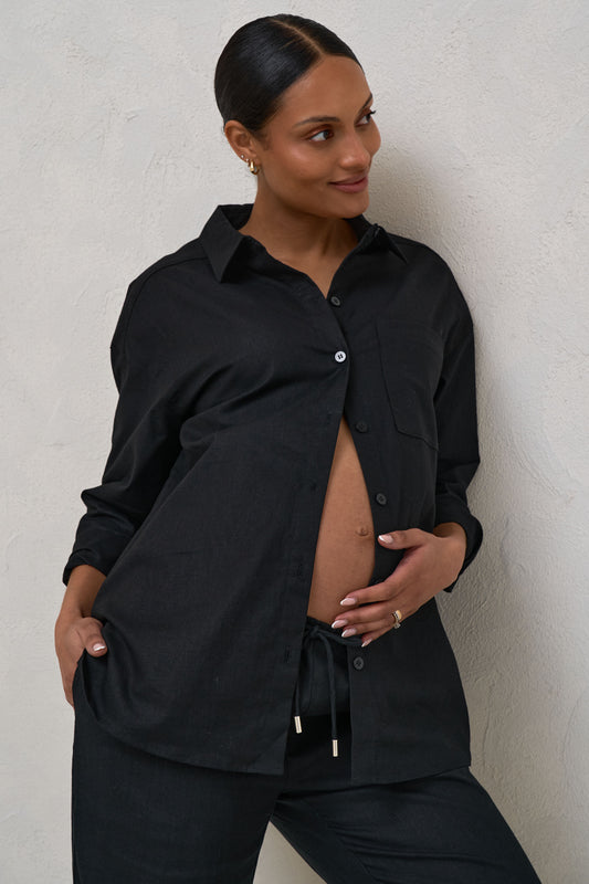 Linen Maternity Shirt Black -1