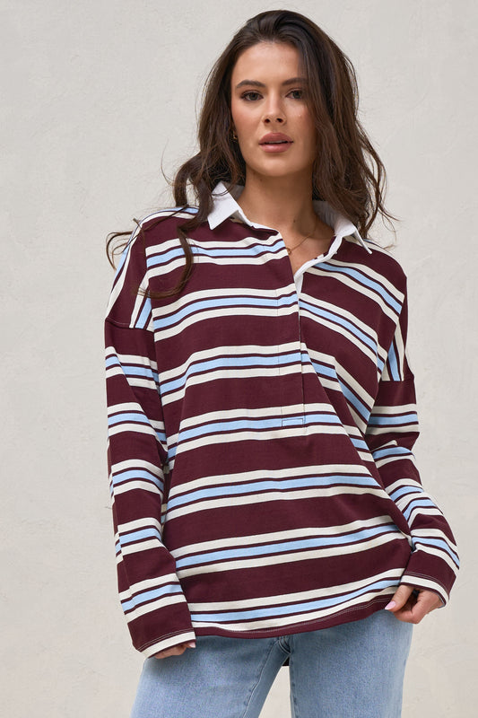 Right Here Rugby Top - Burgundy Stripe