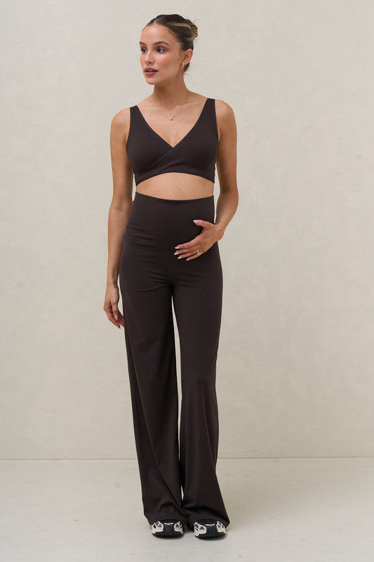 Maternity wide leg leggings in brown – full length with matching crop top