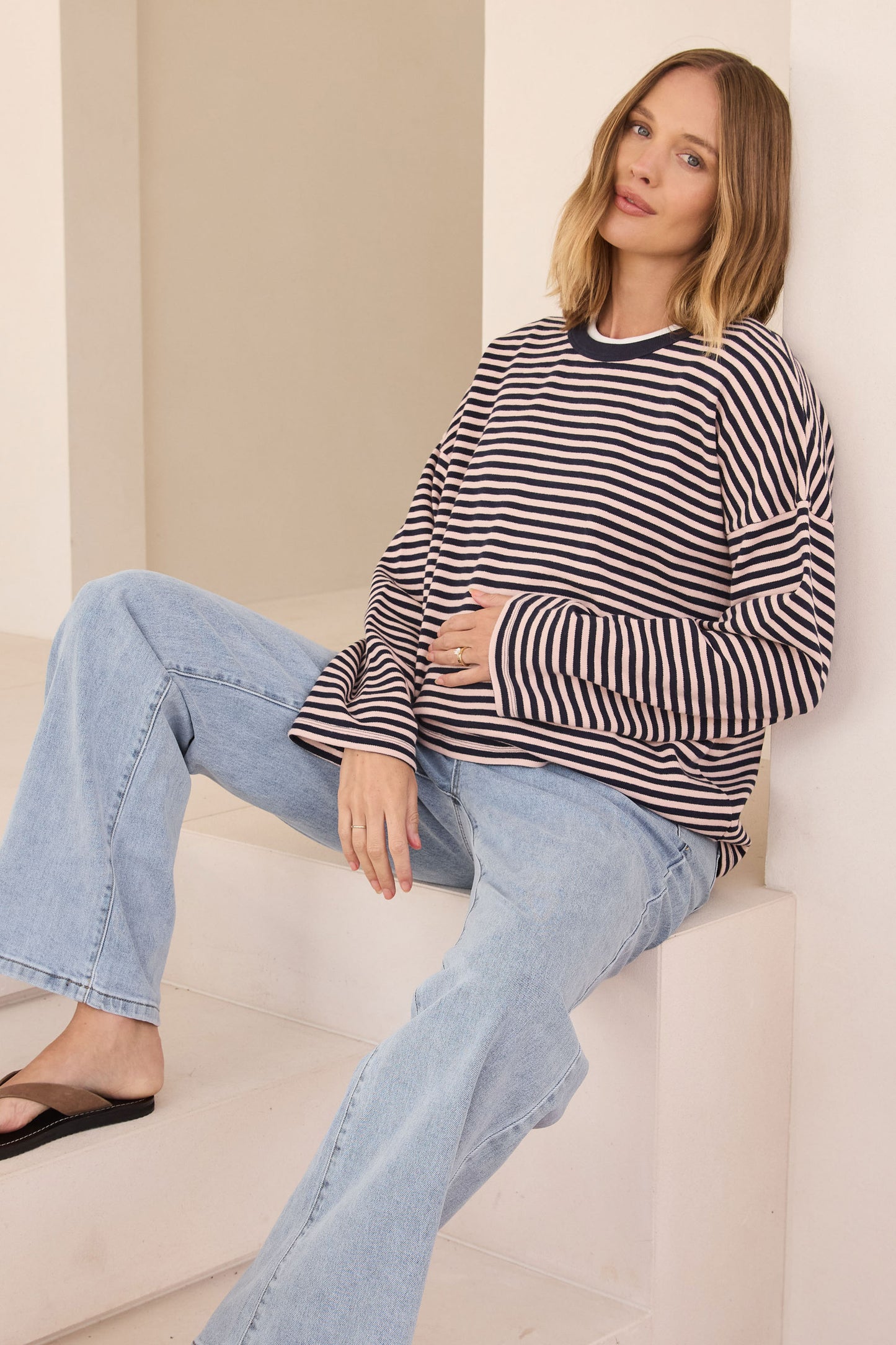 Outline Long Sleeve Top - Navy/Pink