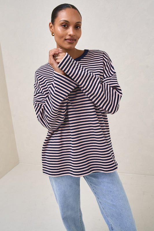 Outline Long Sleeve Top - Navy/Pink