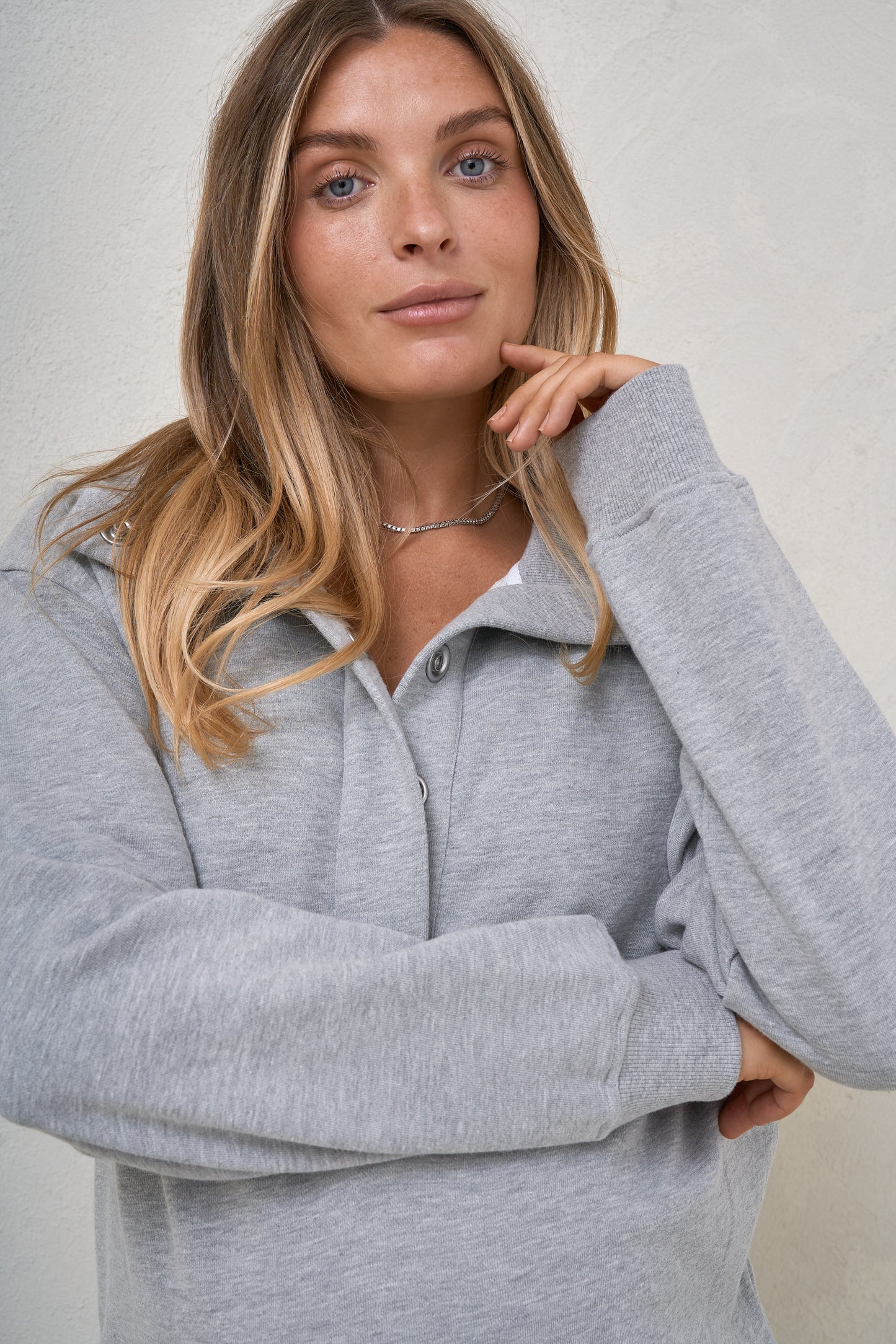 Settle In Snap Front Sweat - Grey Marle