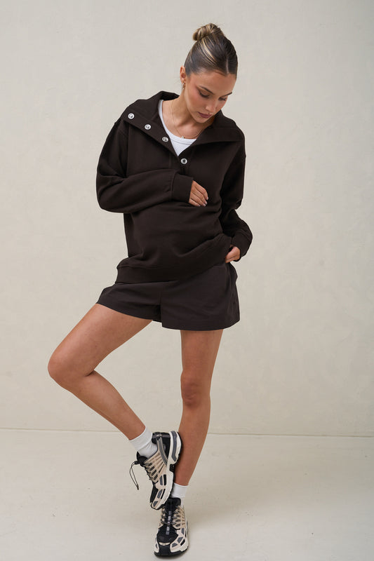 Settle In Snap Front Sweat - Chocolate