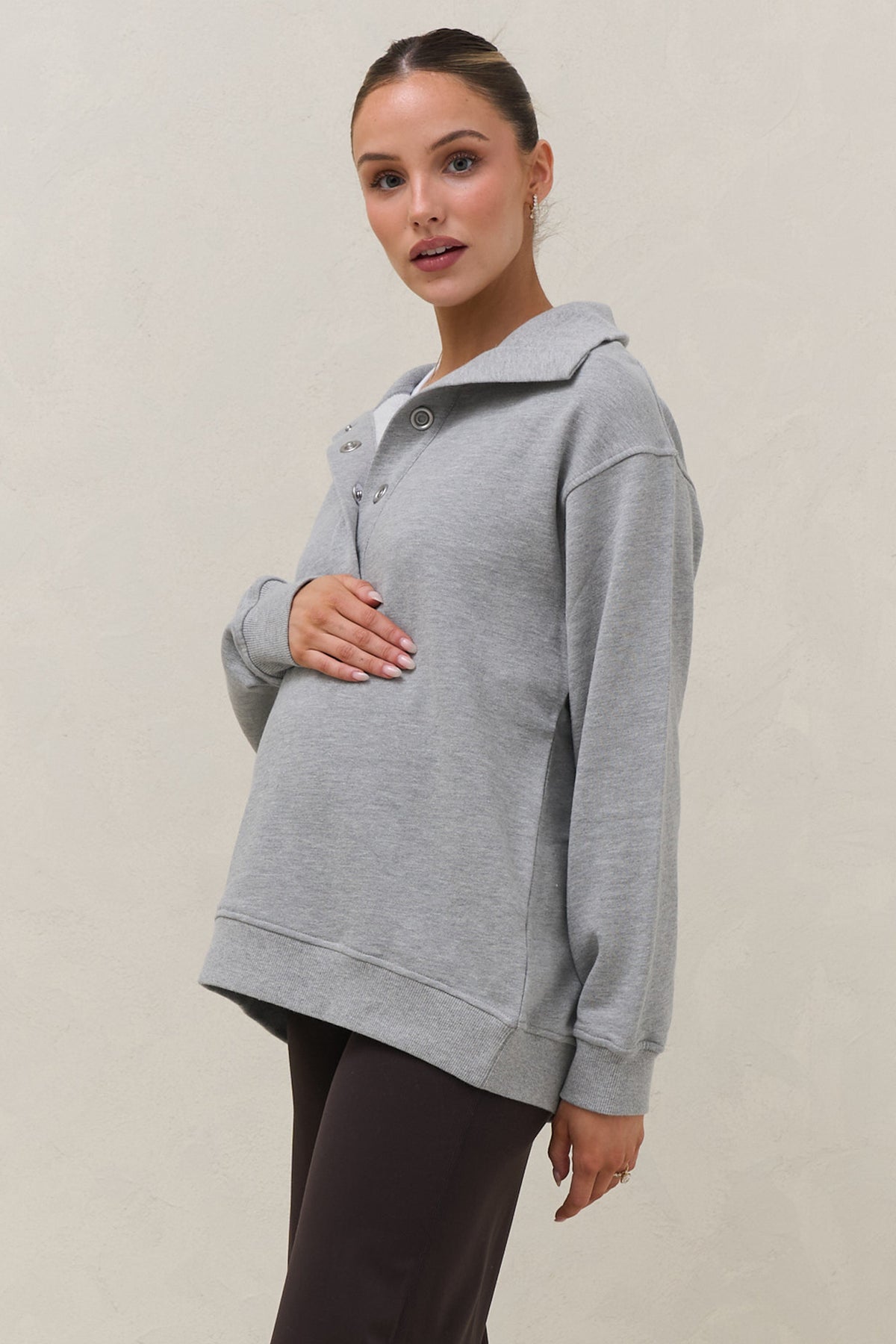 Settle In Snap Front Sweat - Grey Marle