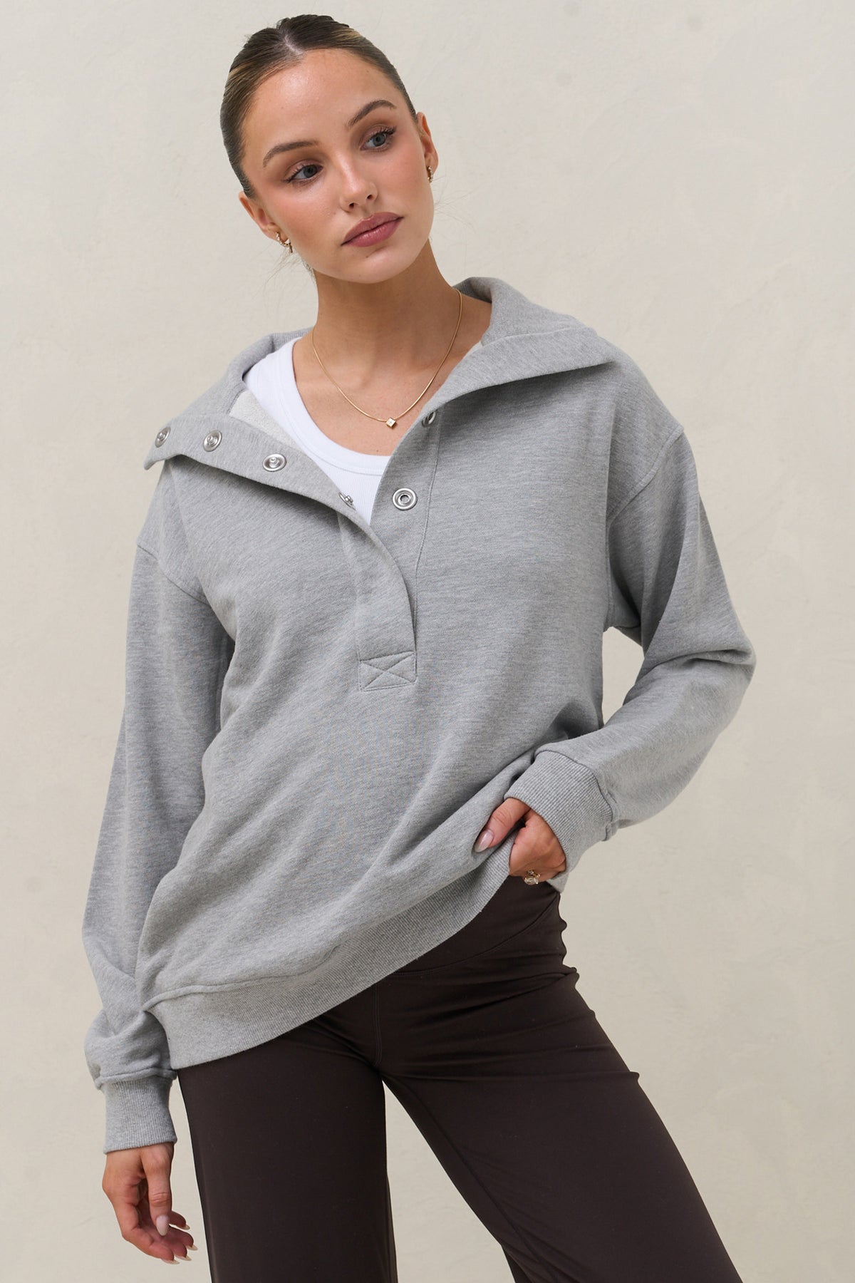 Settle In Snap Front Sweat - Grey Marle