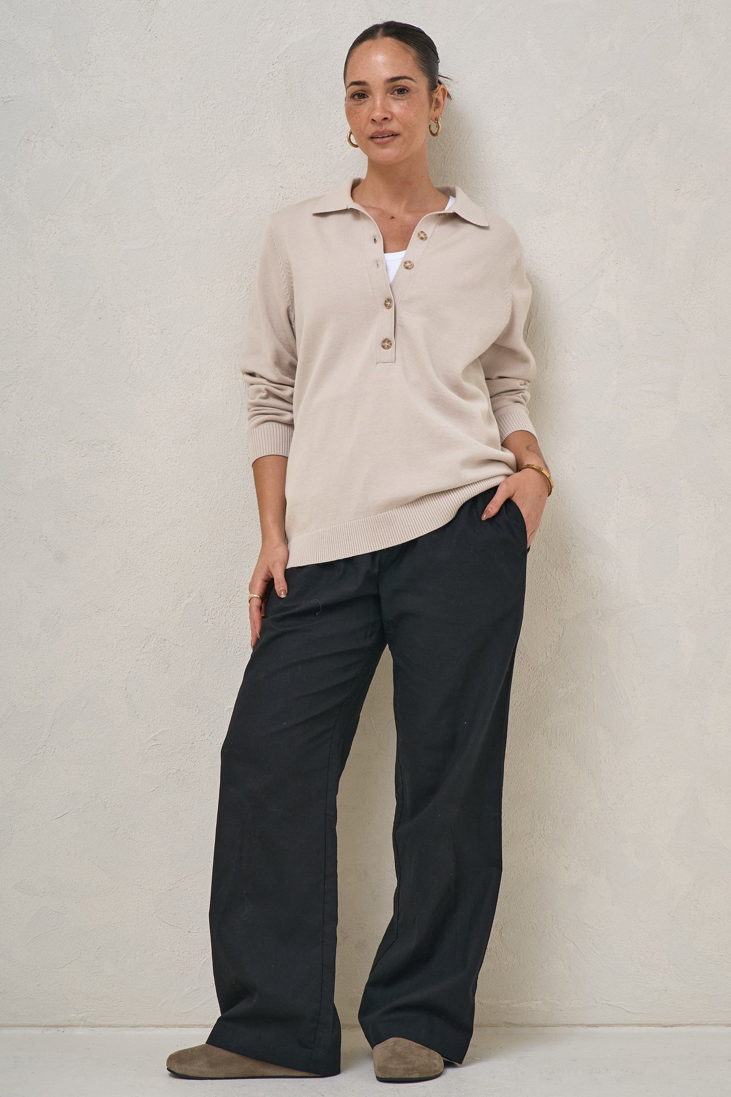 True Story Knit Nursing Polo - Almond