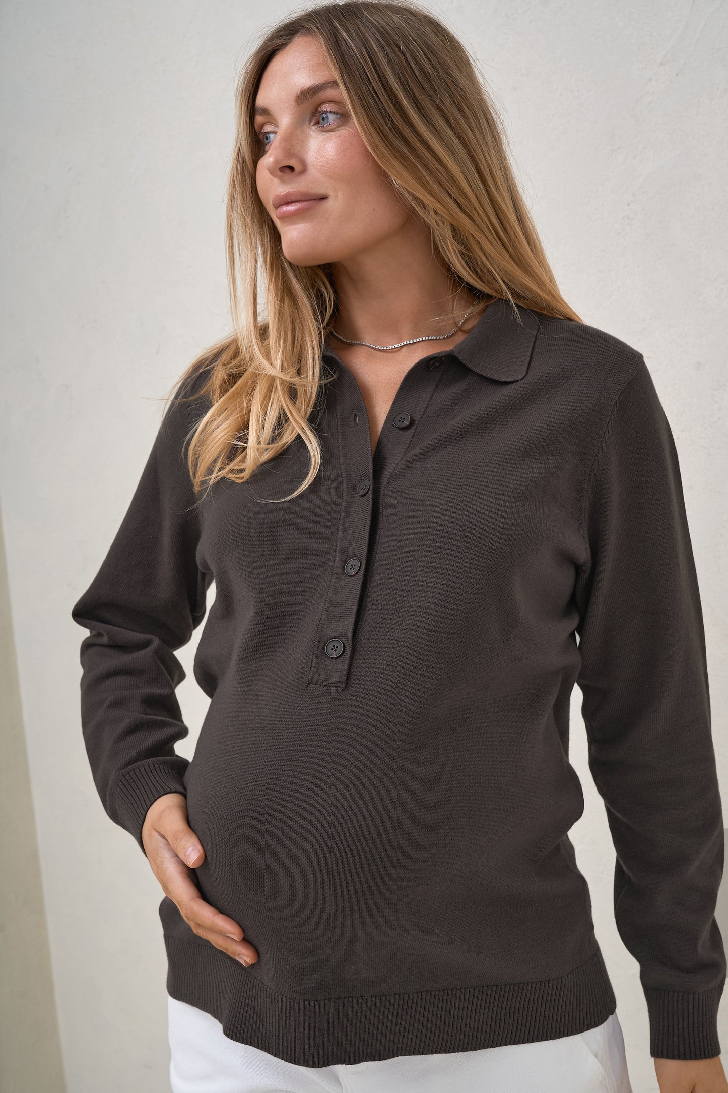 True Story Knit Nursing Polo - Chocolate