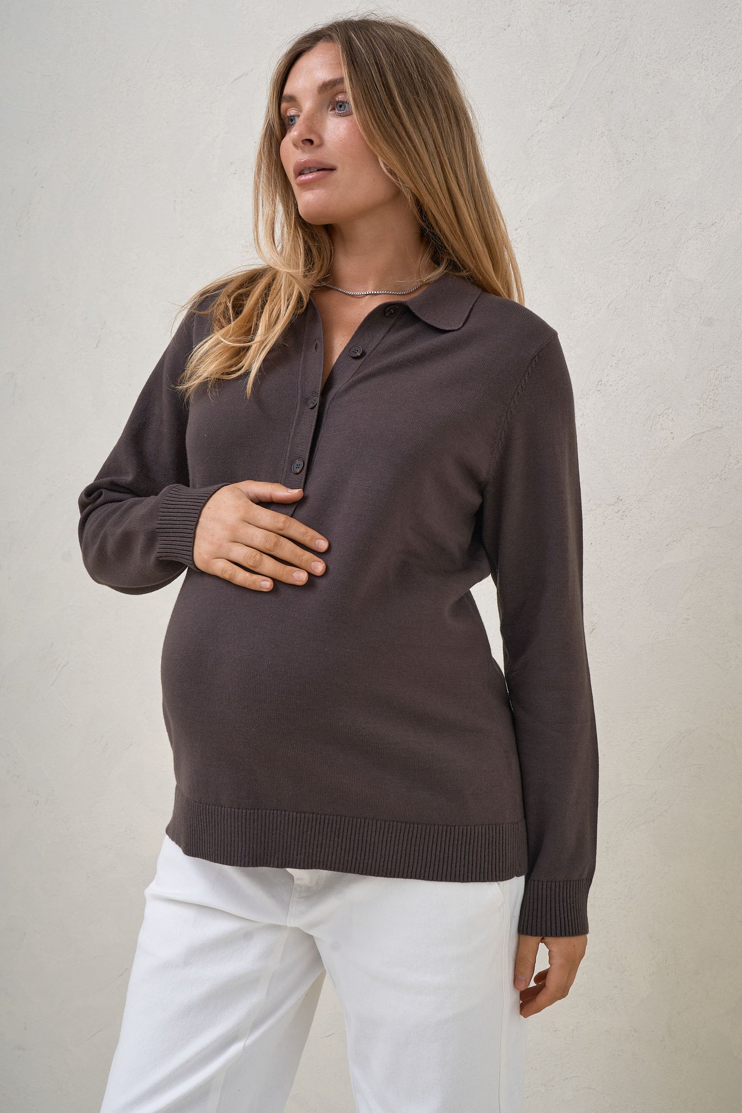 True Story Knit Nursing Polo - Chocolate
