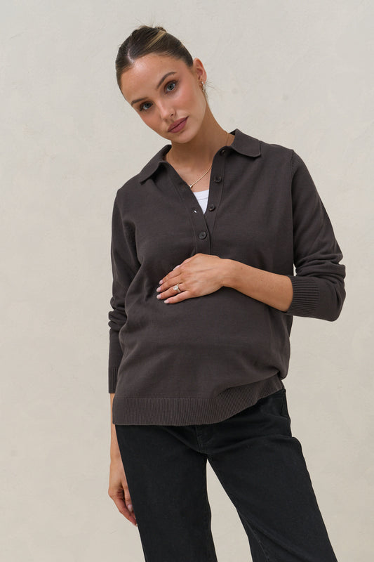 True Story Knit Nursing Polo - Chocolate