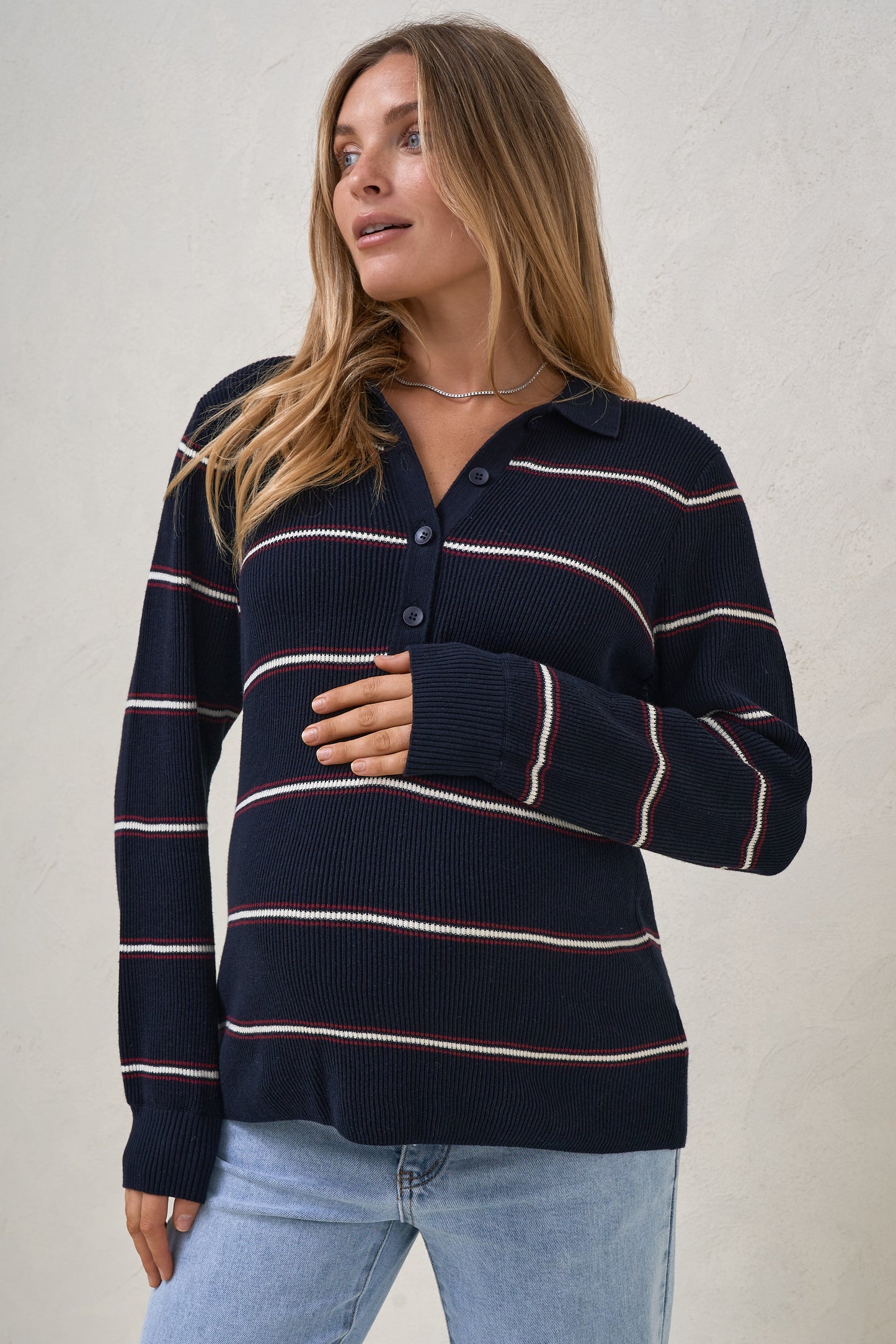 Interval Knit Nursing Polo - Navy Stripe