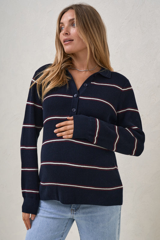 Interval Knit Nursing Polo - Navy Stripe