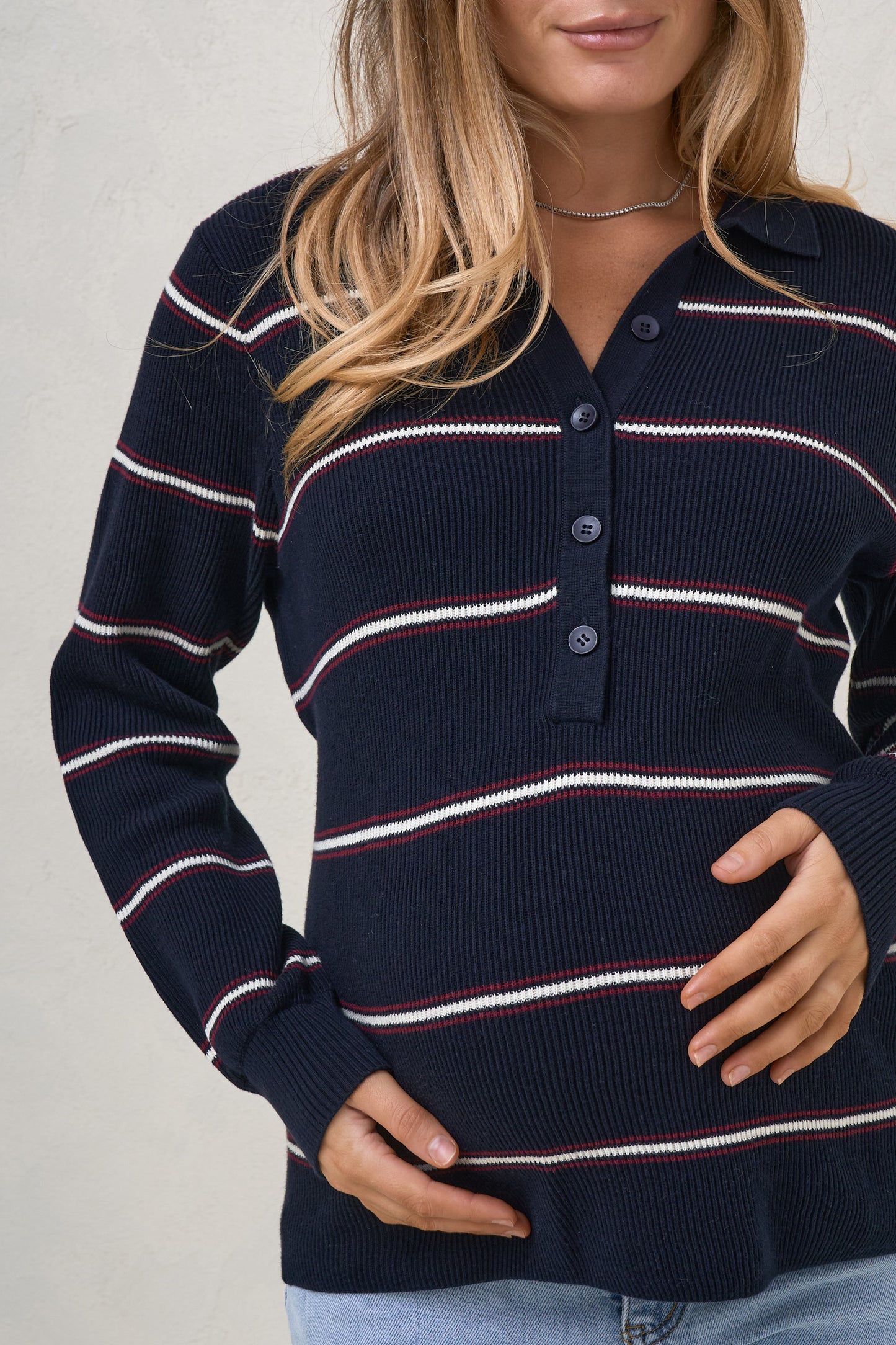 Interval Knit Nursing Polo - Navy Stripe