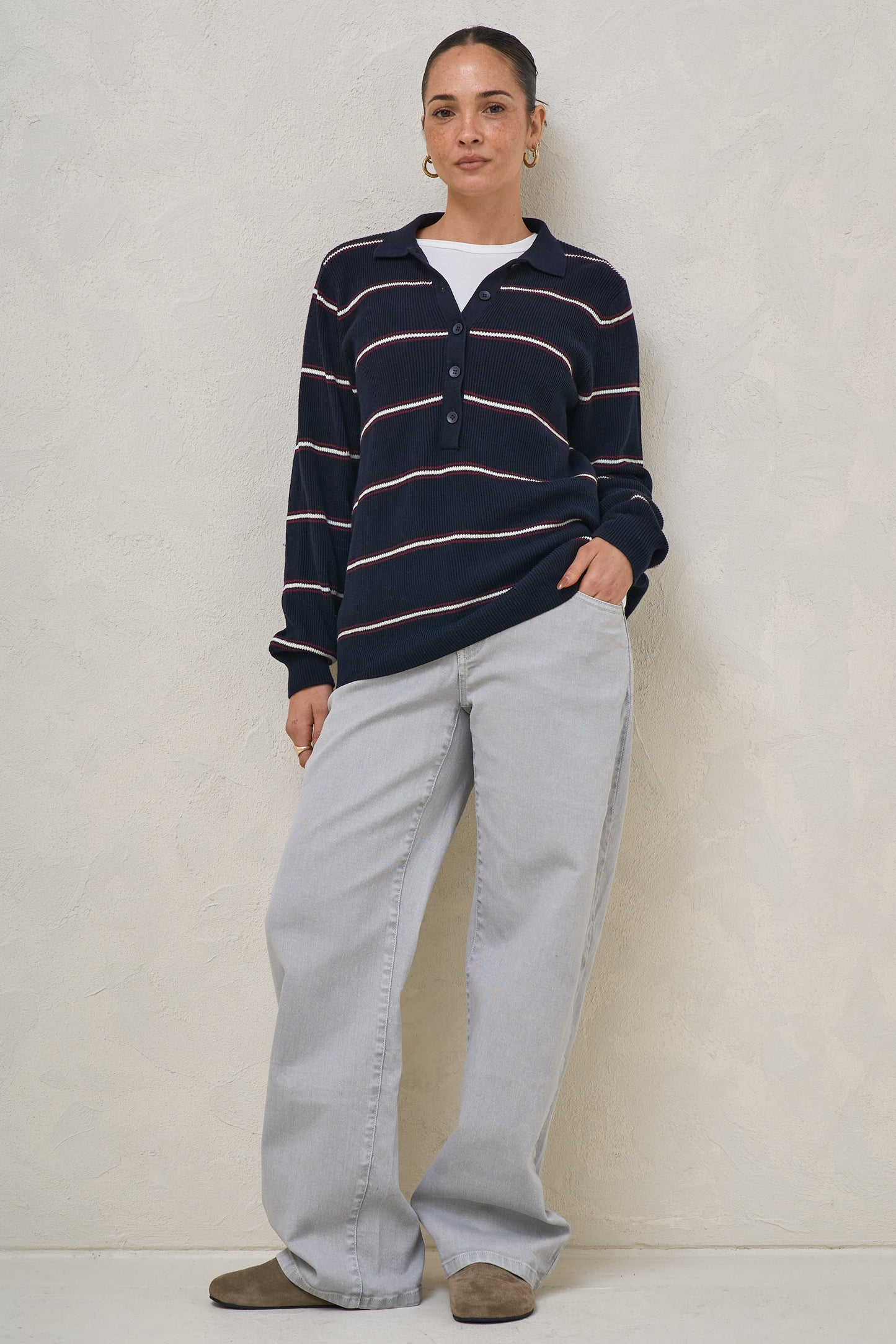 Interval Knit Nursing Polo - Navy Stripe