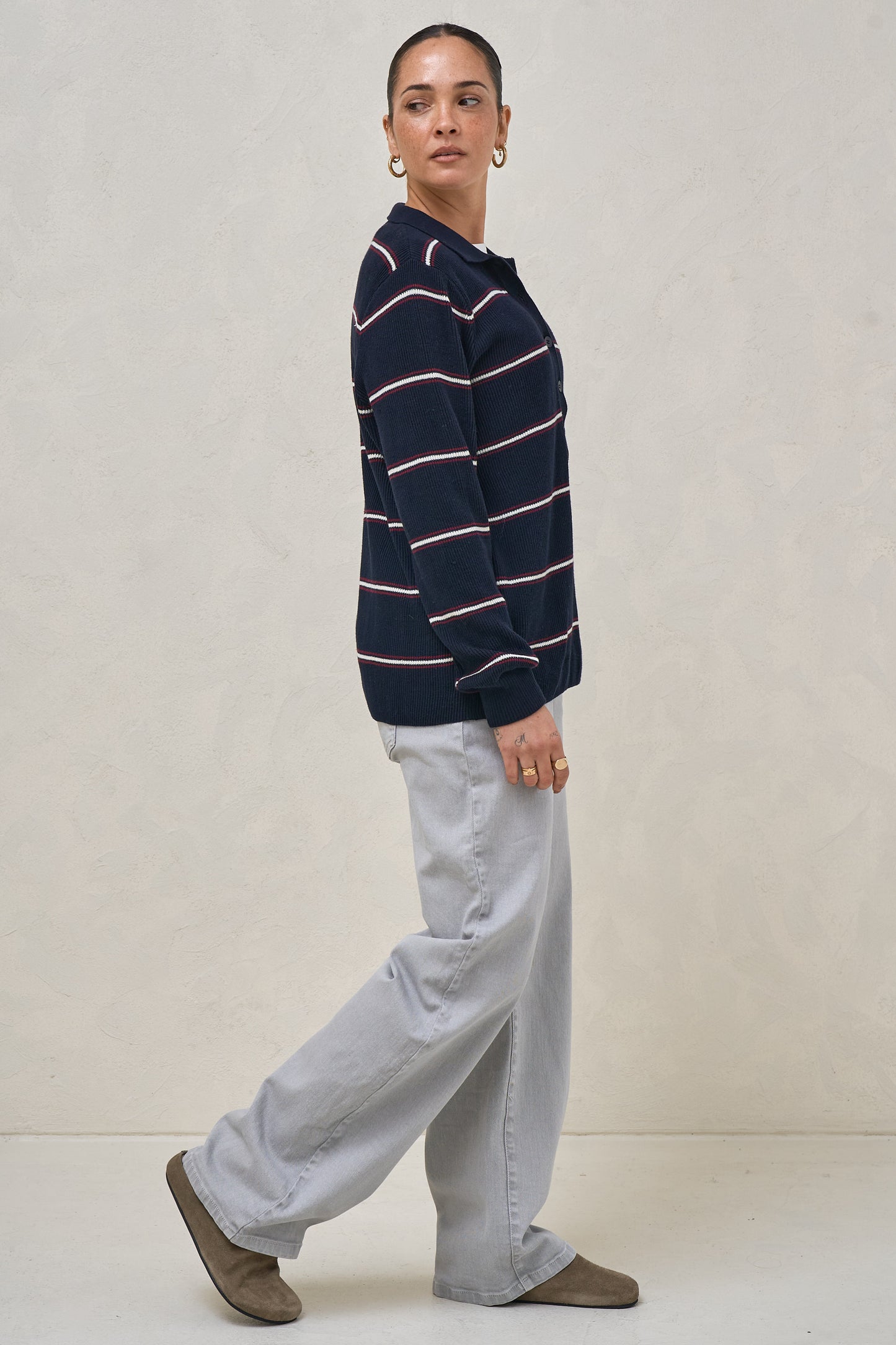 Interval Knit Nursing Polo - Navy Stripe
