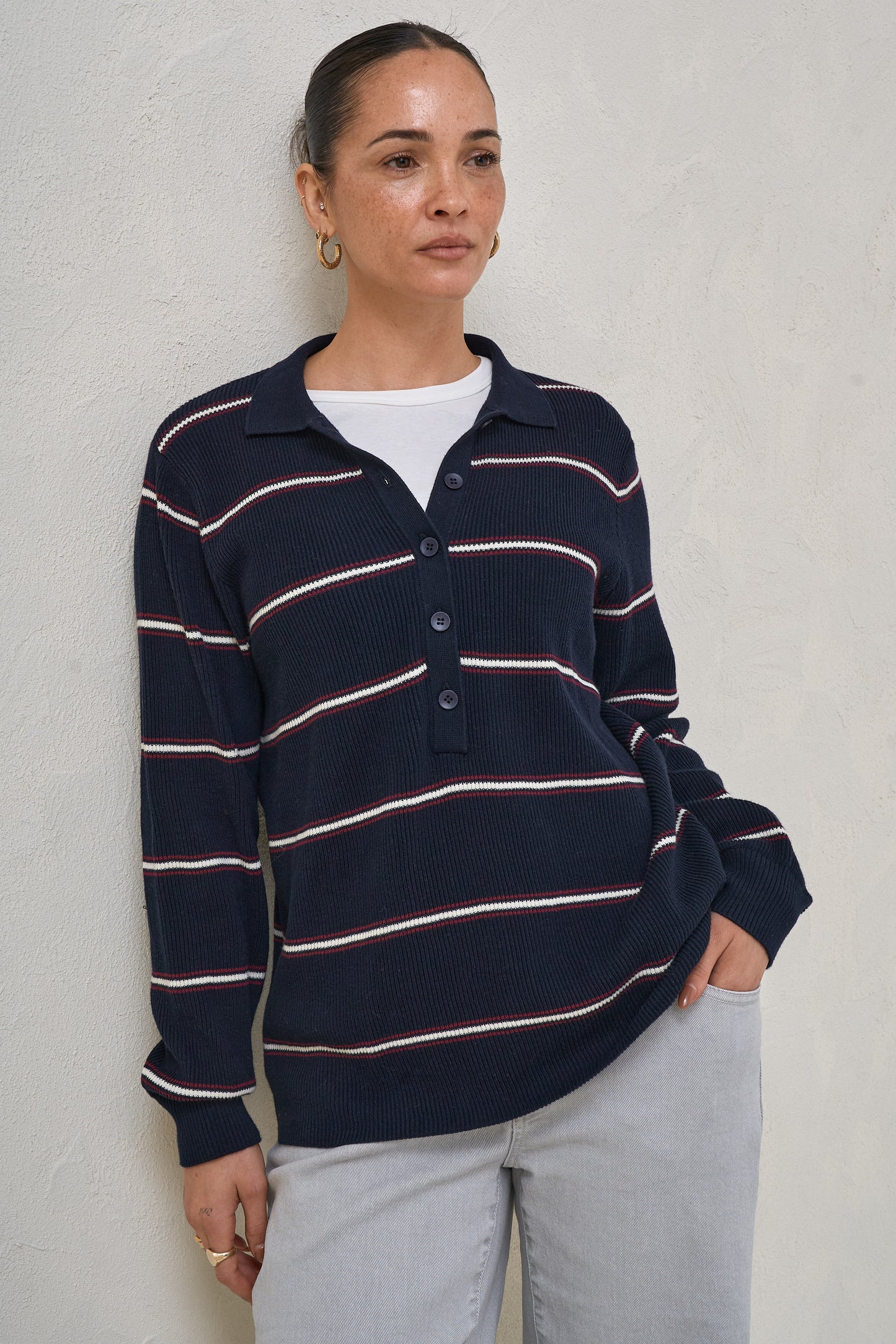 Interval Knit Nursing Polo - Navy Stripe