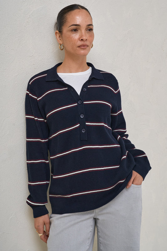 Interval Knit Nursing Polo - Navy Stripe