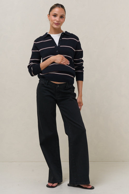 Interval Knit Nursing Polo - Navy Stripe