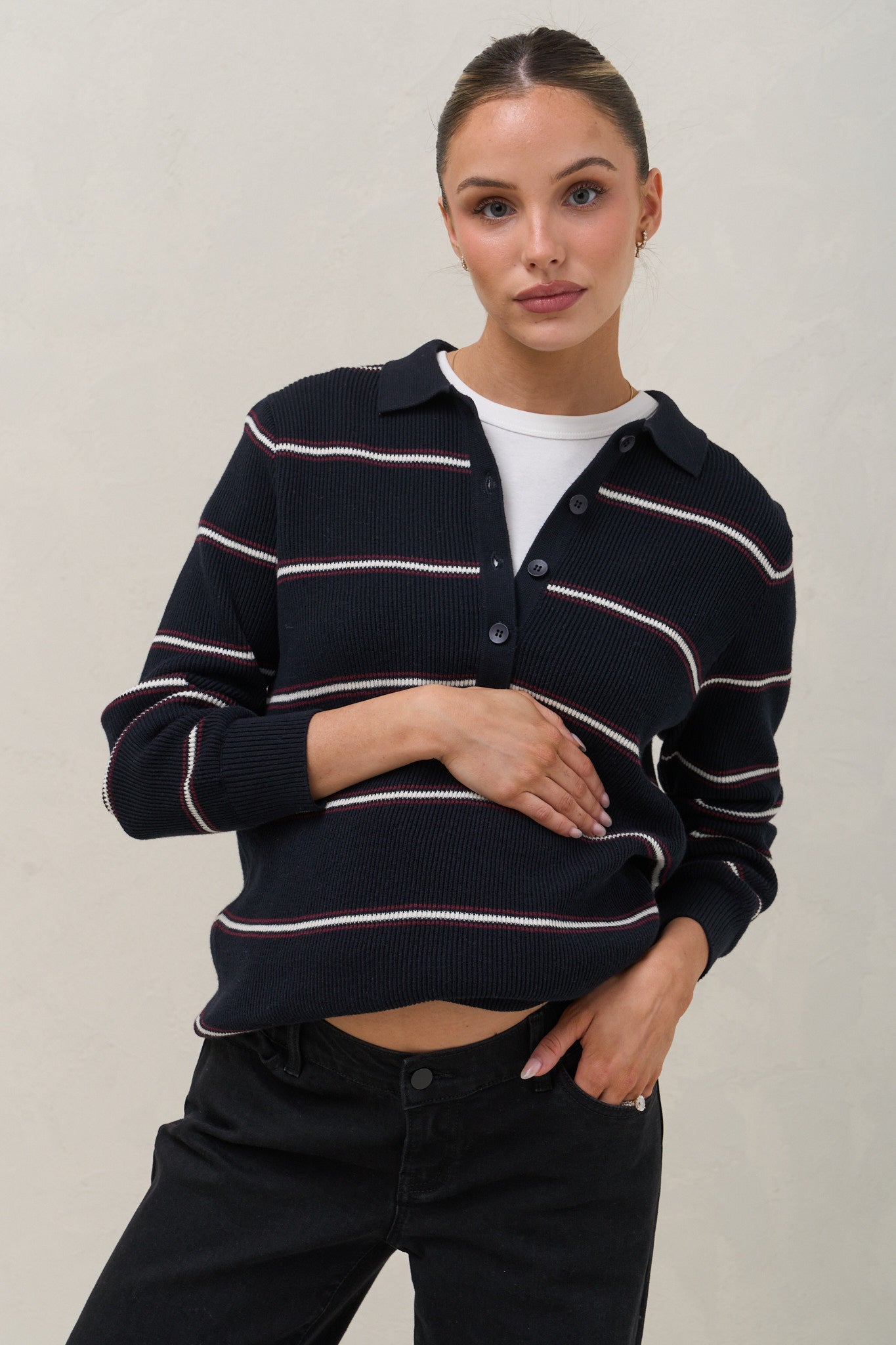 Interval Knit Nursing Polo - Navy Stripe