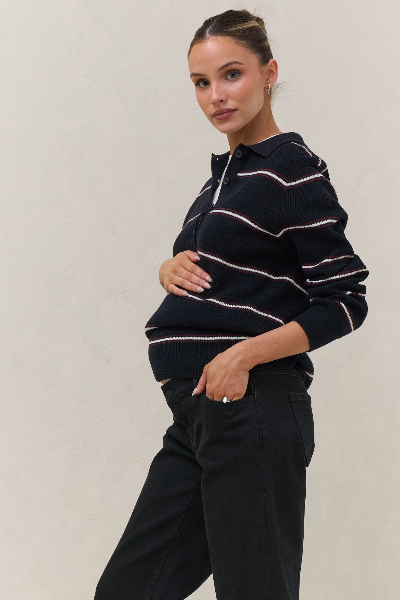 Interval Knit Nursing Polo - Navy Stripe