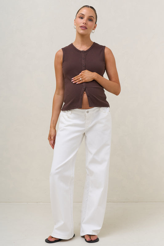 Baggy wide leg maternity jeans in white – front view, styled with a brown top