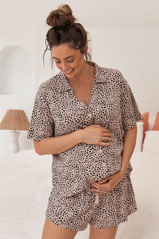 Pink and black dot maternity pajama set