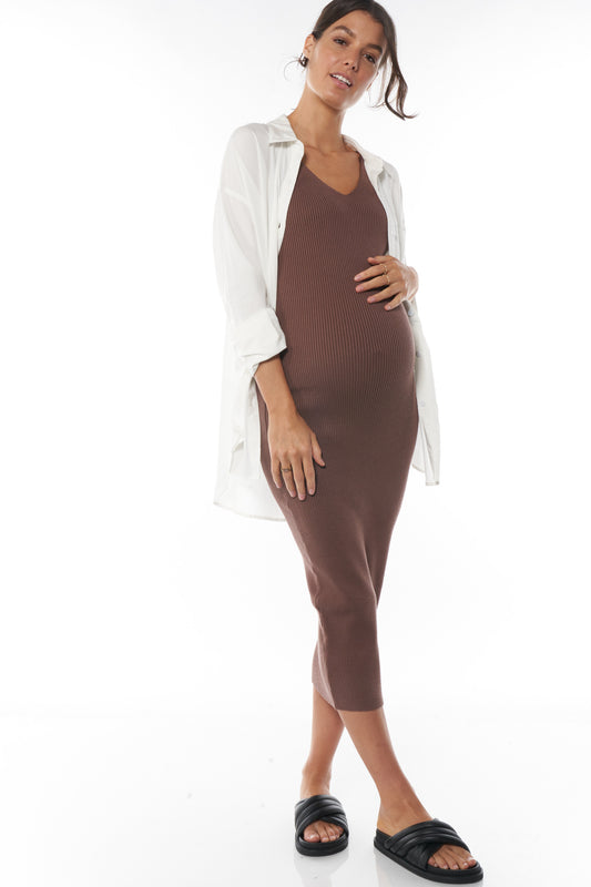 Rib Knit Maternity Dress - Chocolate - Image 5