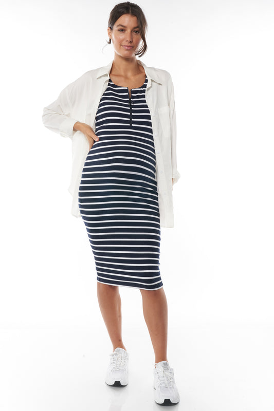 Maternity Zip Dress Navy Stipe -1