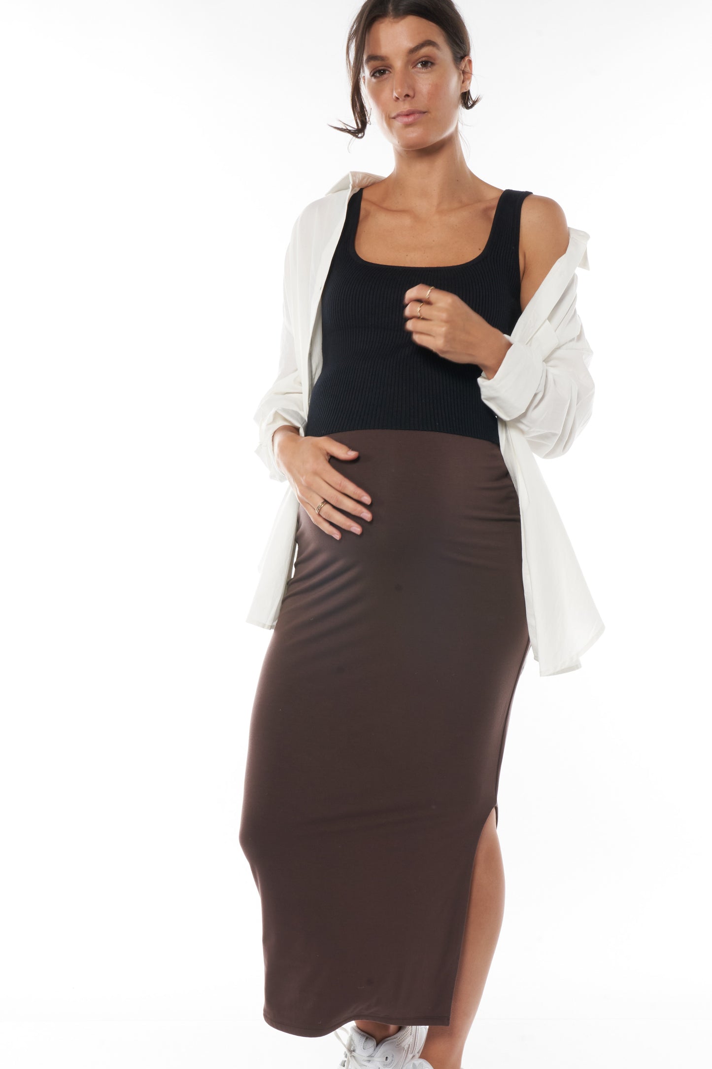 WHS25-181-Stretch It Out Split Skirt-Chocolate*