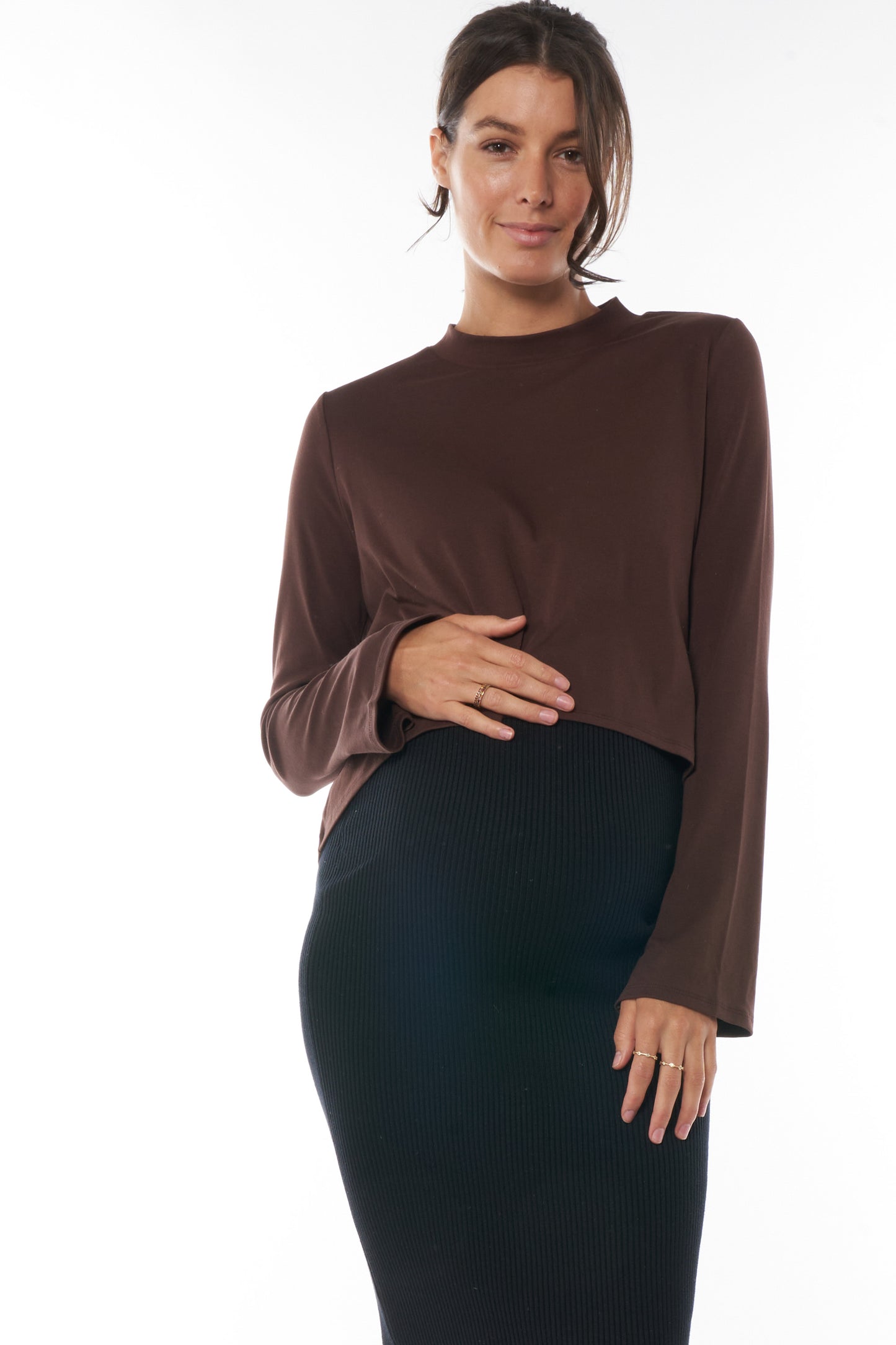 WHS25-76-Reach Out Split Sleeve Top-Chocolate*