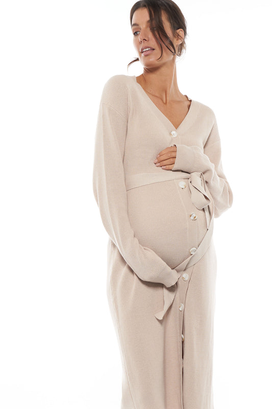 Button front knit maternity dress Almond 1