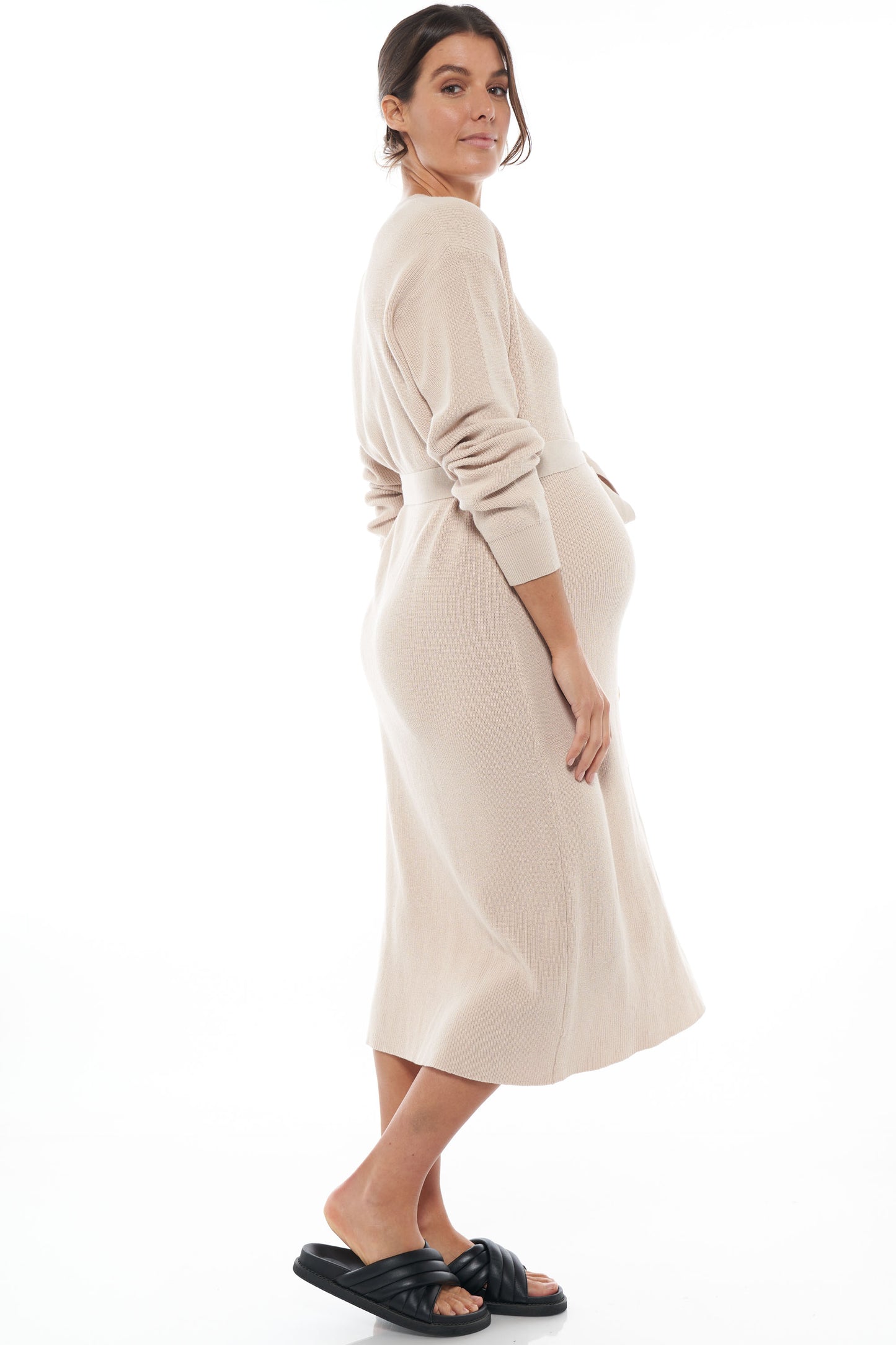 Button front knit maternity dress Almond2