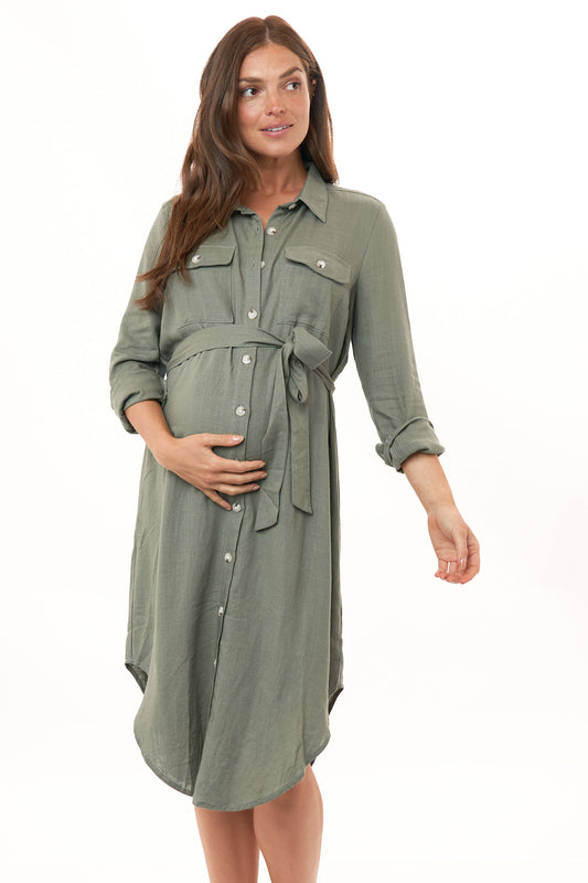 Linen Maternity Dress Khaki -5